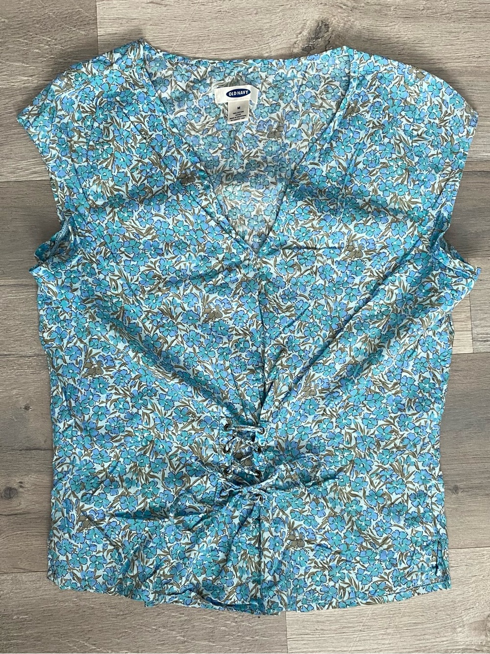 Old Navy Blue Floral Cotton Lace Up Short Sleeve Top